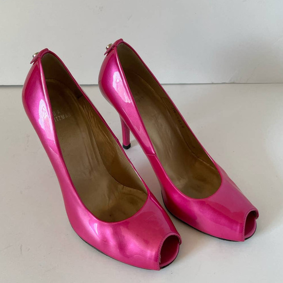 Stuart Weitzman Bright Pink Patent Leather Peeptoe Pumps, Size 7 🗣 - Picture 2 of 6
